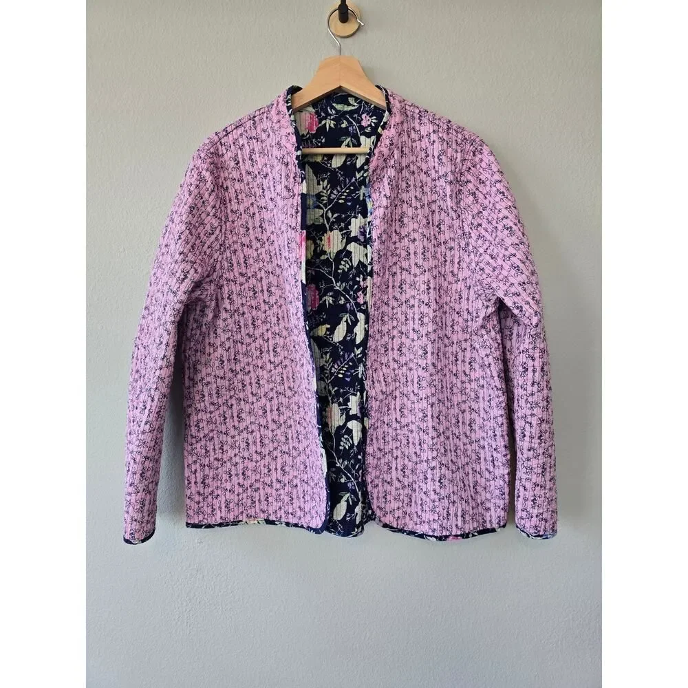 Reversible Quilted Floral Jacket Cottagecore Cotton Women Size L Vintage Boho